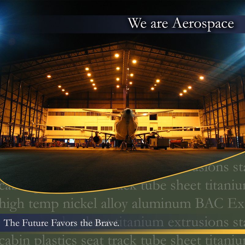 Extrusions, aircraft, aerospace, metal supplier, metals Future Metals' advanced alloy in an aircraft, showcased inside a luminous hangar. 'We are aerospace' displayed at the top.