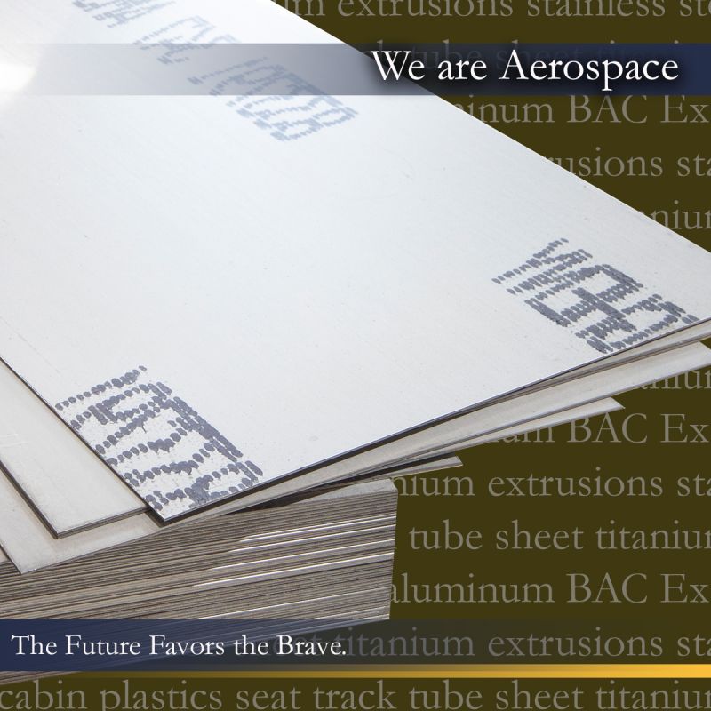Extrusions, aircraft, aerospace, metal supplier, metals Stack of Aerospace Grade Titanium alloy sheets with stenciled part numbers, labeled as 'Titanium BAC Extrusions', indicative of a robust aircraft metals warehouse scene.