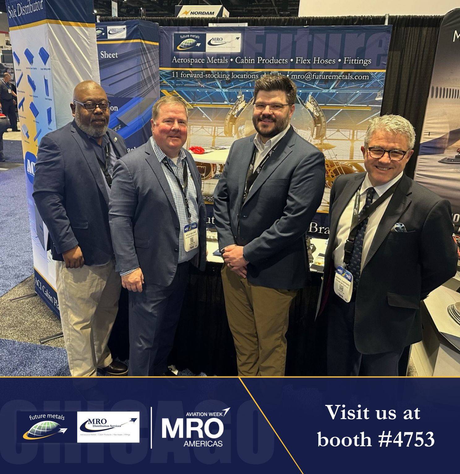 Extrusions, aircraft, aerospace, metal supplier, metals Four men showcase Future Metals’ aerospace-grade Aluminum 7075 alloy at a trade show, complete with specifications and compliance details.