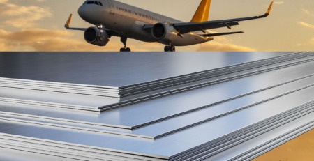 Extrusions, aircraft, aerospace, metal supplier, metals Commercial airplane ascending at dusk over a montage of aerospace-grade materials, including titanium alloy 6AL-4V, supplied by Future Metals.