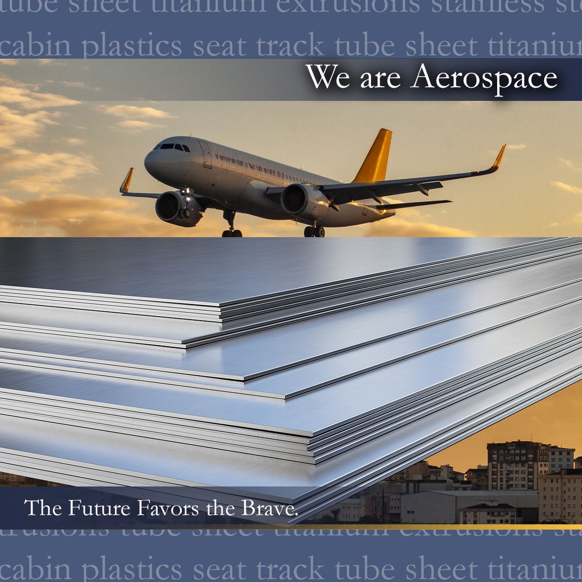 Extrusions, aircraft, aerospace, metal supplier, metals Commercial airplane ascending at dusk over a montage of aerospace-grade materials, including titanium alloy 6AL-4V, supplied by Future Metals.