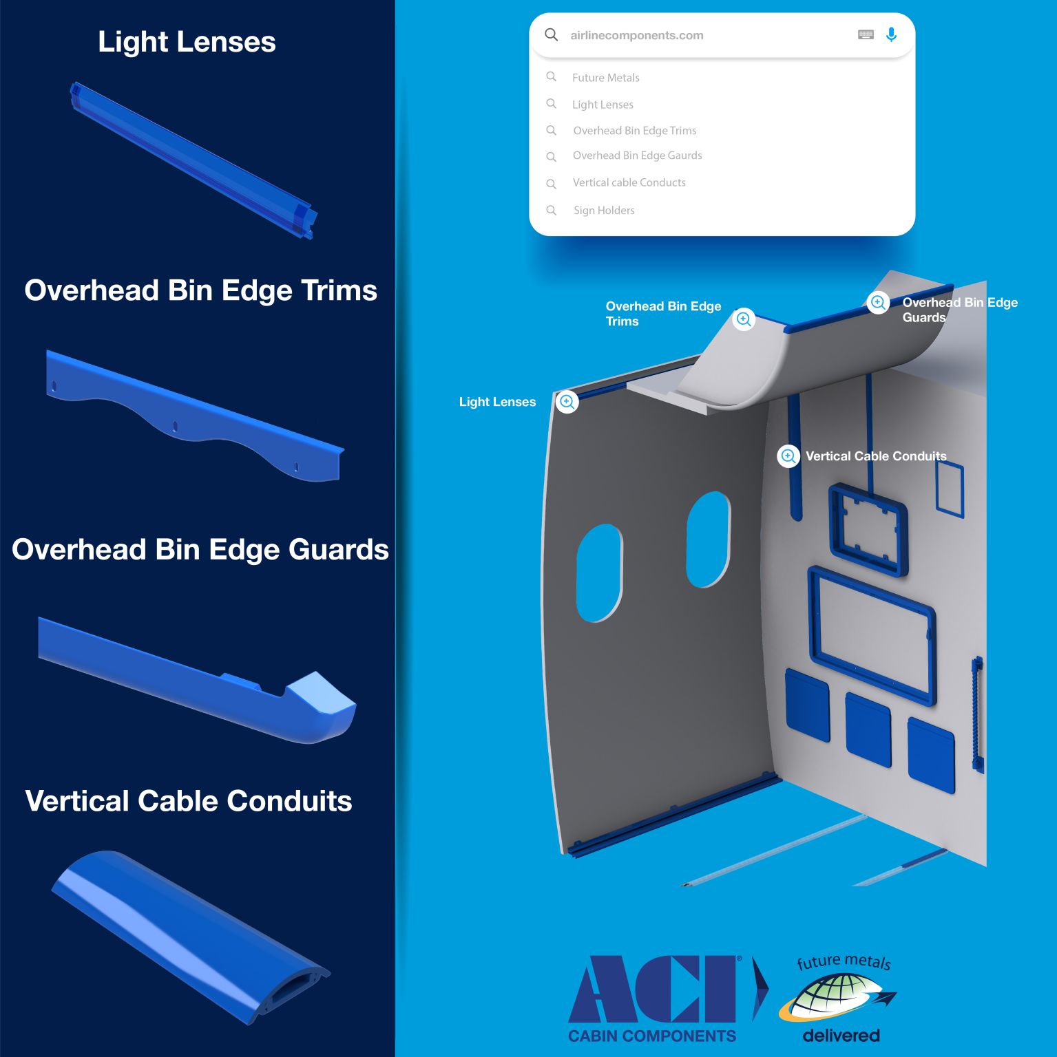 Extrusions, aircraft, aerospace, metal supplier, metals 1. Aircraft light lens, manufactured using aerospace-approved polycarbonate alloy by Future Metals.2. Overhead bin edge extrusion fabricated from 7075-T6 aircraft grade aluminum supplied by Future Metals.3. Vertical cable conduit, made with high-strength alloy steel, compliant to aviation standards at Future Metals warehouse.