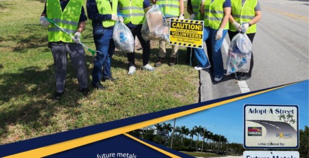Extrusions, aircraft, aerospace, metal supplier, metals Future Metals volunteers, in hi-vis vests, collecting roadside litter as part of our aerospace-grade aluminum alloy cleanup initiative.