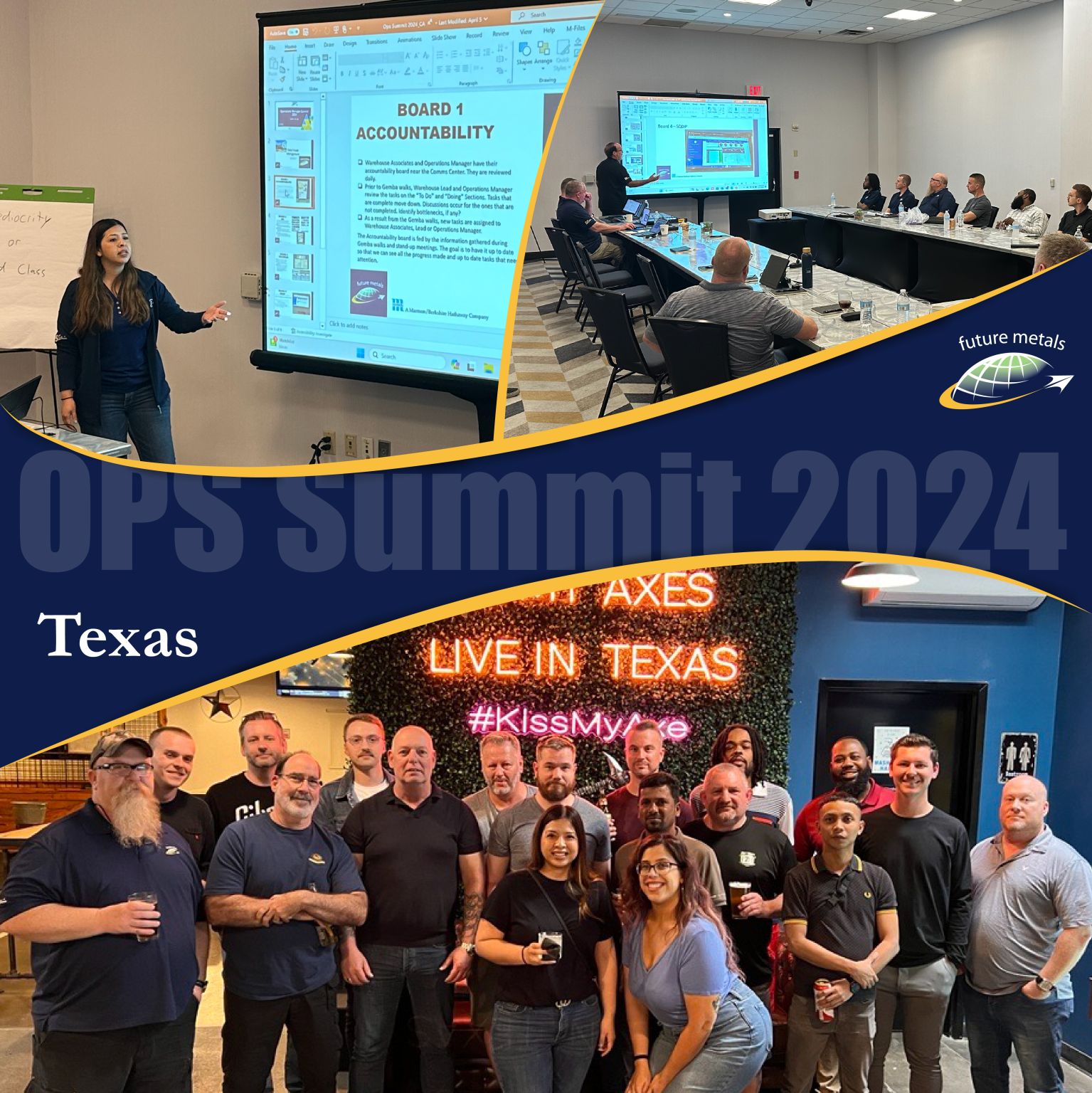 Extrusions, aircraft, aerospace, metal supplier, metals Top Image: Future Metals' executive presents on aerospace-grade aluminum alloys during a business meeting.

Bottom Image: Group photo, 2024 Aerospace Metals Summit in Texas, showcasing Future Metals' Titanium-Alpha Beta Alloy supply delegates.