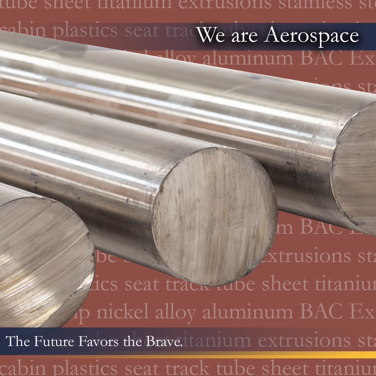 Extrusions, aircraft, aerospace, metal supplier, metals Close-up of cylindrical aircraft-grade aluminum rods from Future Metals with overlay detailing alloy type and specification.