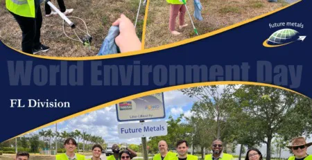 future metals Future Metals team, aerospace alloy tube supplier, in safety vests, clean outdoors for World Environment Day, promoting aircraft grade compliance.