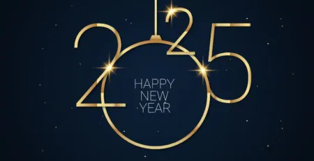 future metals Gold "2025" and ornament with "Happy New Year," Future Metals—aircraft grade titanium, stainless, aluminum alloys for aerospace.