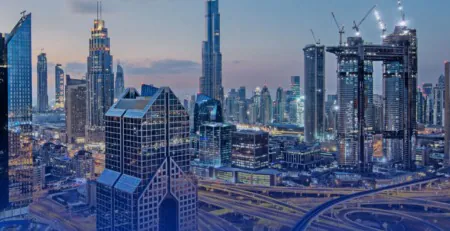 future metals Dubai skyline at dusk, Burj Khalifa, Future Metals showcases 6061, 2024, 7075 alloy tubes for aerospace at MRO Middle East 2025.