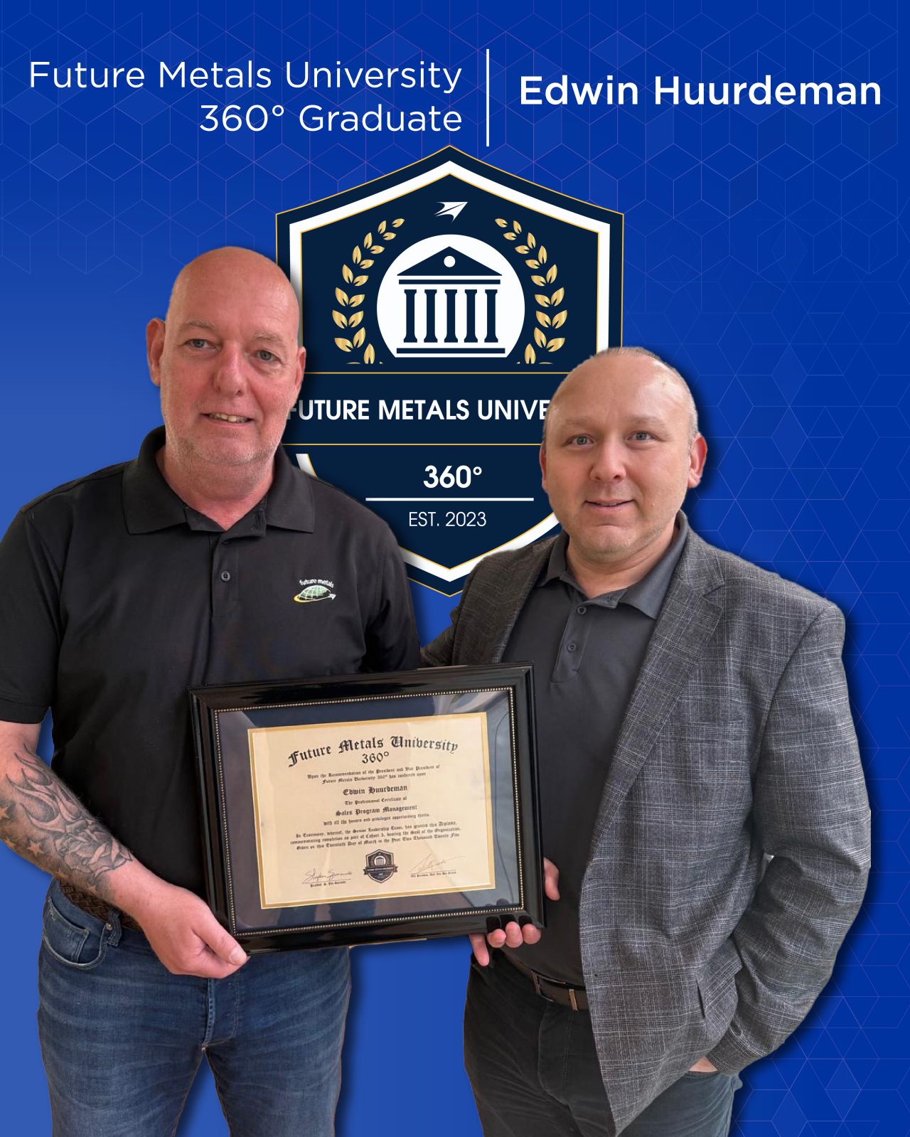 future metals Two men at Future Metals celebrate an aerospace-grade 6061-T6 aluminum alloy certification in front of the warehouse sign.
