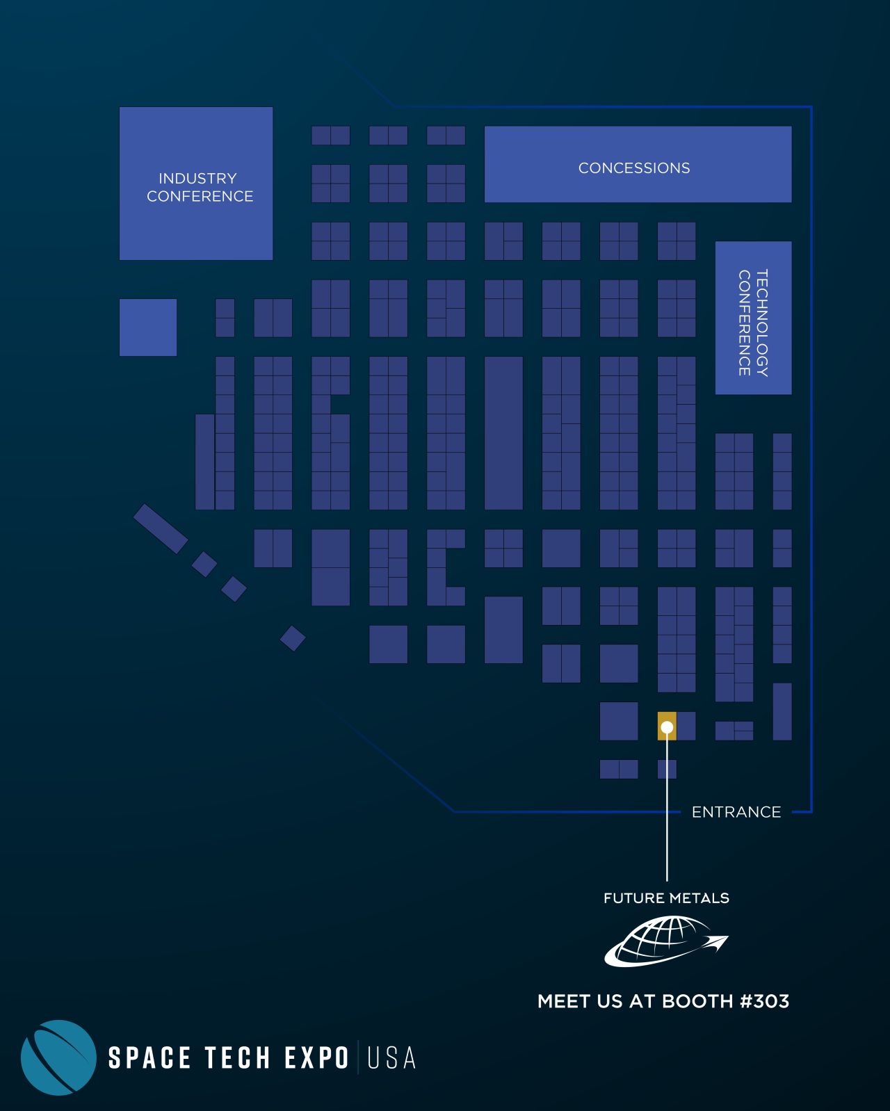 future metals Floor plan highlights Future Metals at booth #303, showcasing aerospace-grade titanium alloys for aviation supply chain and compliance.