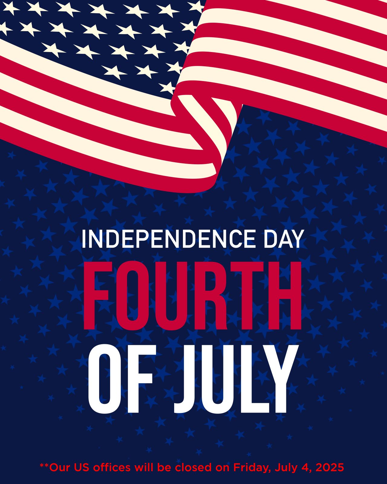 future metals A stylized American flag waves above "Independence Day, 4th of July." Future Metals’ warehouse: aircraft-grade Titanium Alloy Ti-6Al-4V noted. US offices closed July 4, 2025 for this patriotic celebration.