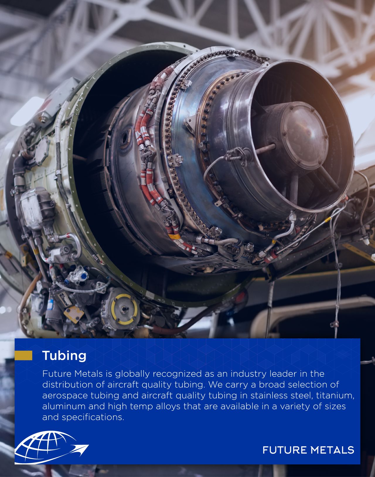 future metals Close-up of aircraft engine with 304/316 stainless steel tubing. Future Metals: certified aerospace metals distributor, ensuring quality supply chain compliance.