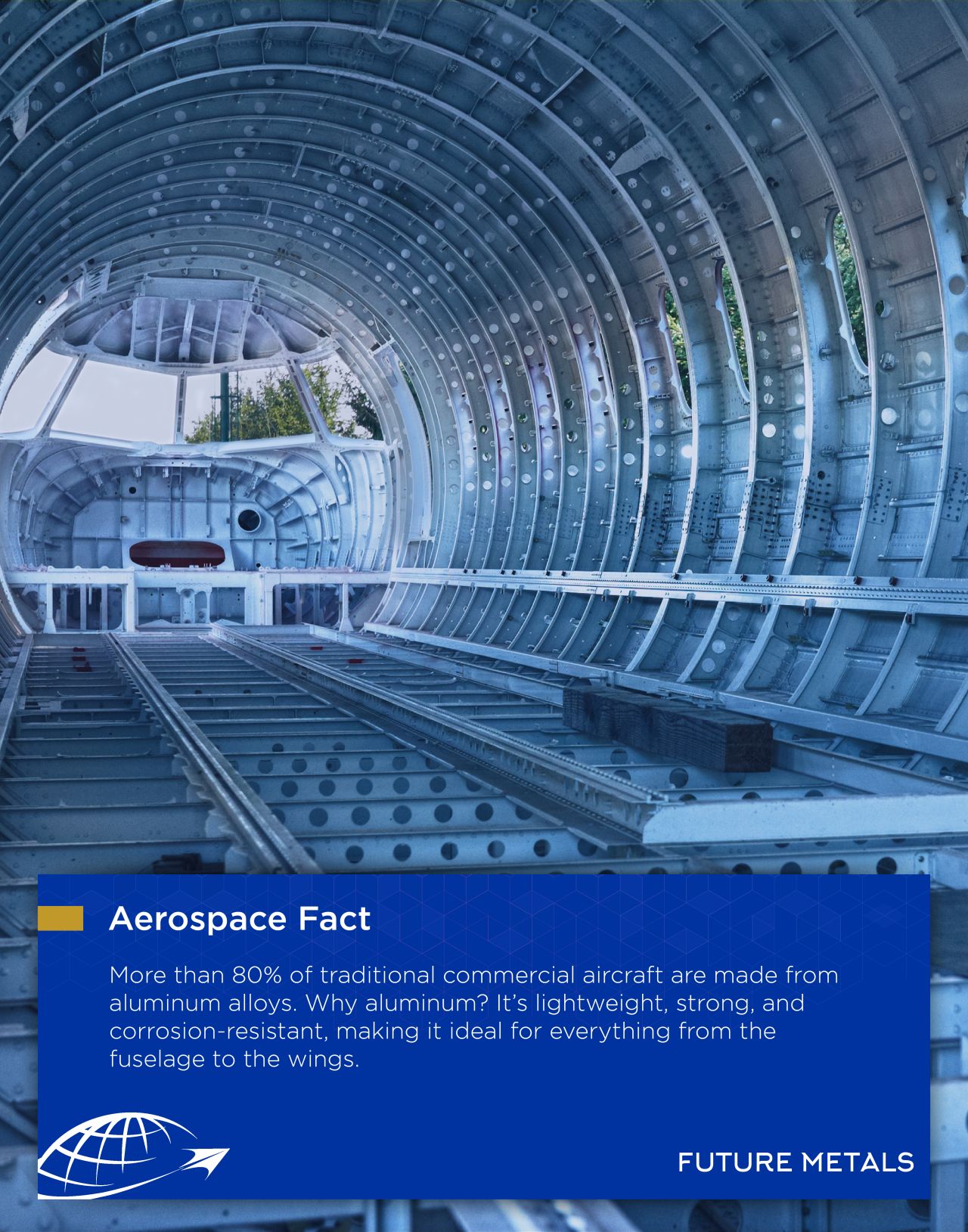future metals Aircraft fuselage under construction, 2024-T3 aluminum alloy from Future Metals—premium aerospace supplier of certified aircraft grade metals.