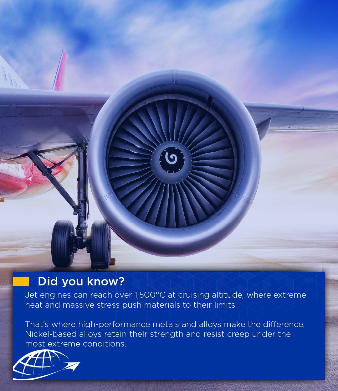 future metals Jet engine showing aerospace-grade nickel alloys from Future Metals, vital for high-temp, compliant aircraft supply chain.
