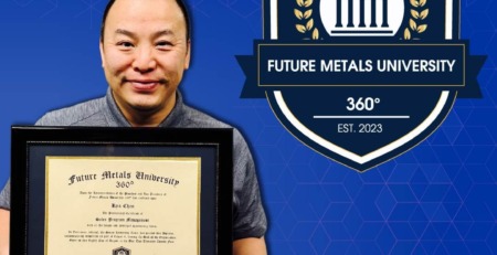 future metals Future Metals showcases aerospace-grade titanium alloy diploma, aviation supply chain compliance, and logo on a blue geometric backdrop.