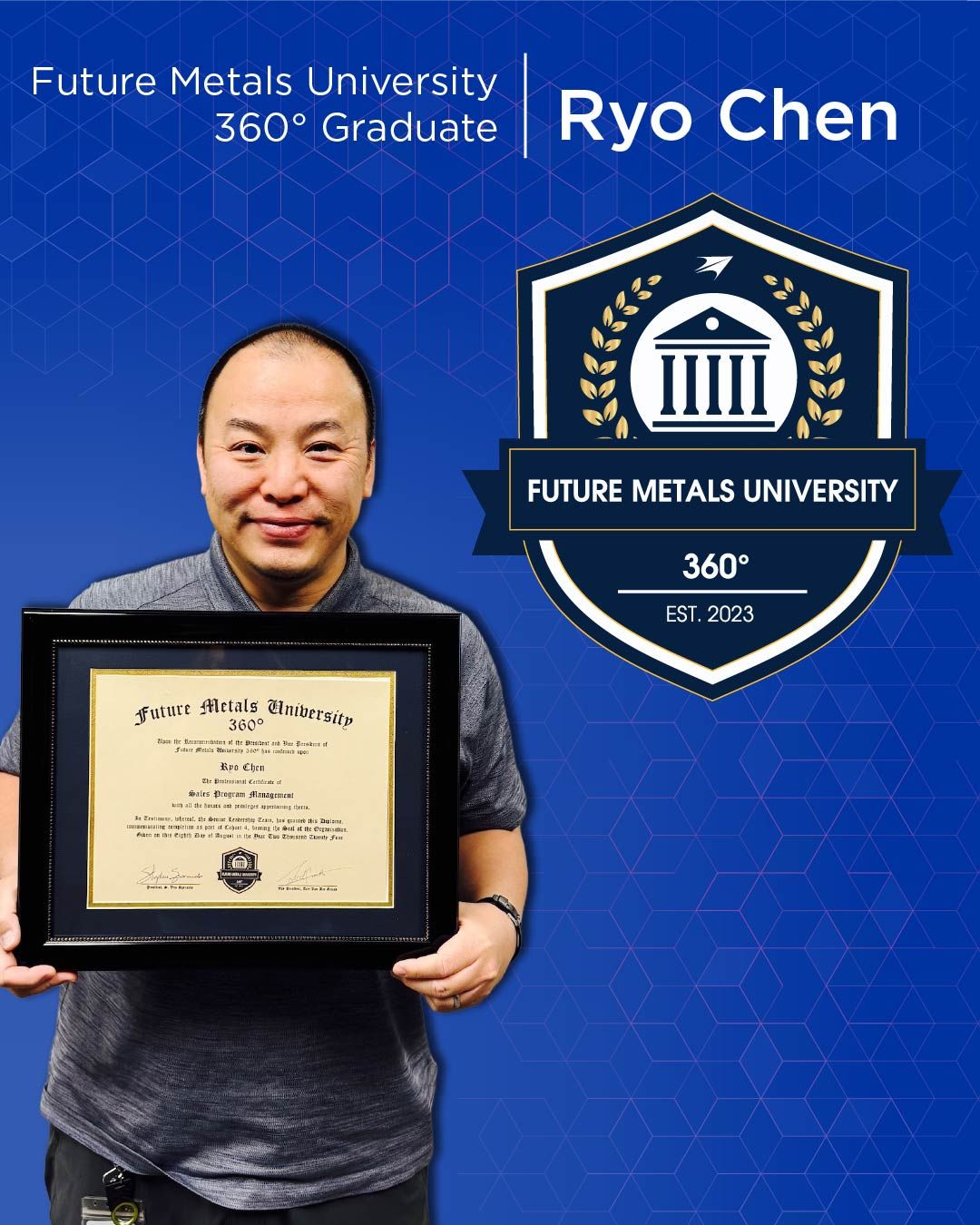 future metals Future Metals showcases aerospace-grade titanium alloy diploma, aviation supply chain compliance, and logo on a blue geometric backdrop.