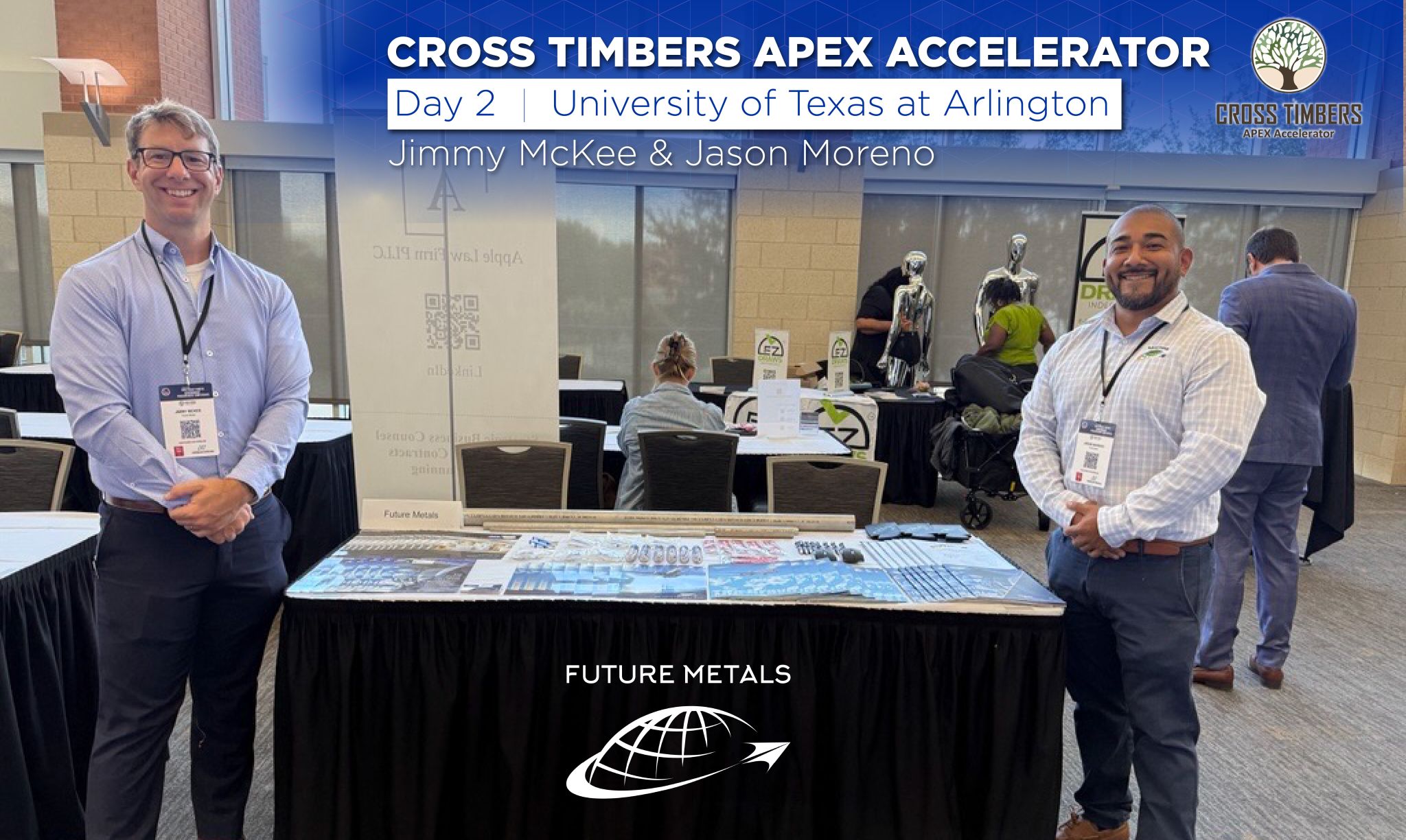 future metals Future Metals reps at event table showcase aircraft-grade aluminum alloy, highlighting aerospace supply chain and compliance expertise.