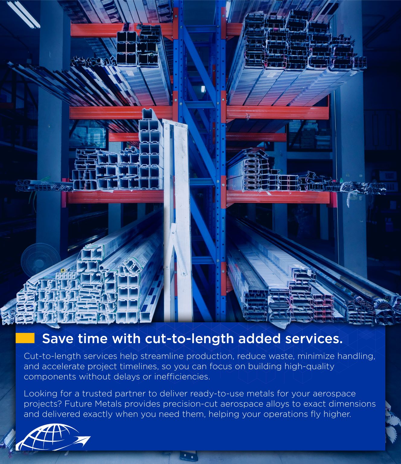 future metals Aerospace-grade 2024, 6061, and 7075 aluminum bars from Future Metals organized on racks; info on cut-to-length services shown.