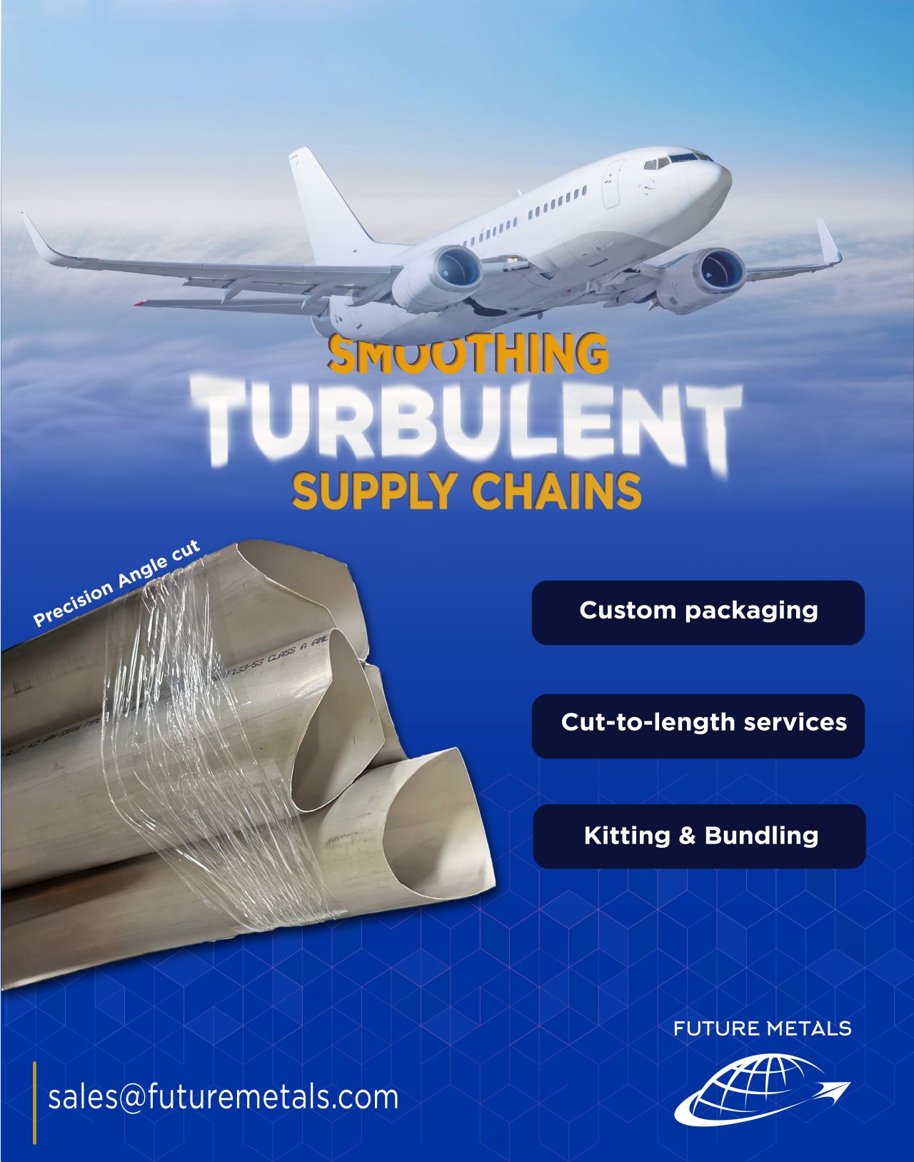 future metals A jet soars over 2024-T3 aluminum rods. Future Metals supplies aerospace-grade alloys with certified, compliant supply chain services.