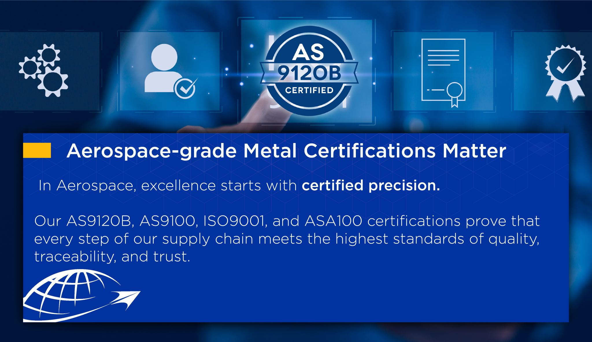 future metals Future Metals showcases AS 9120B aerospace certification, featuring 6061-T6 aluminum alloy icons for traceable aircraft-grade supply compliance.