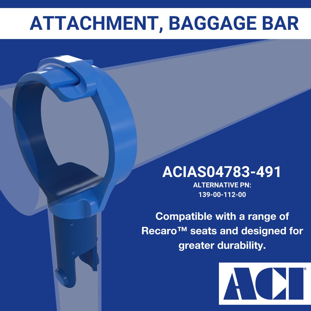 future metals Aircraft-grade 7075-T6 aluminum baggage bar, Future Metals supply, Recaro seat upgrade, ACI Part 21 compliant, blue background.