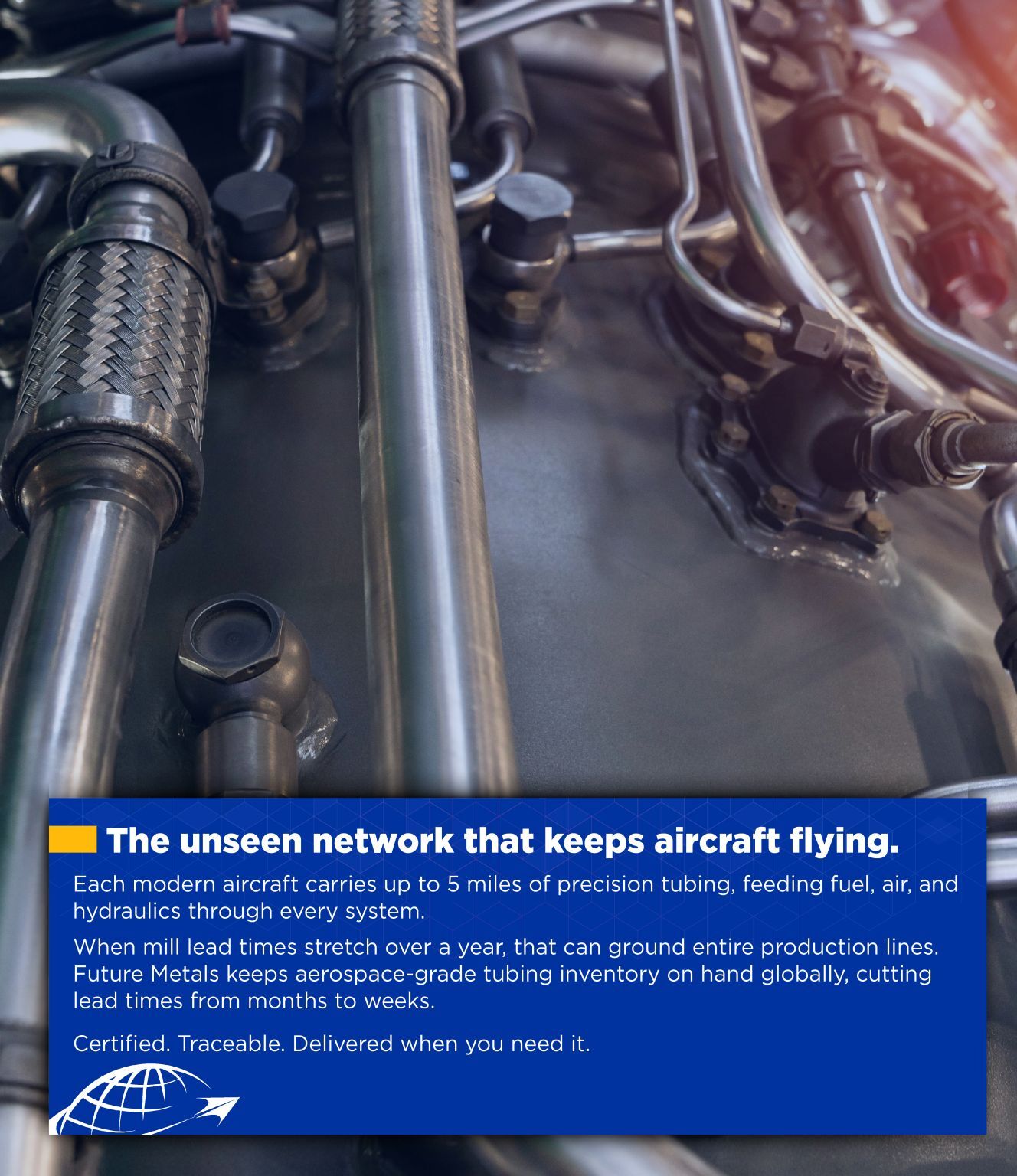 future metals Detailed view of 304 stainless steel hydraulic tubing, with Future Metals highlighting aerospace supply chain and inventory compliance.