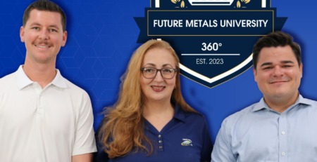 future metals Three people with aerospace-grade 7075-T6 aluminum certificate in front of Future Metals backdrop, highlighting supply chain excellence.