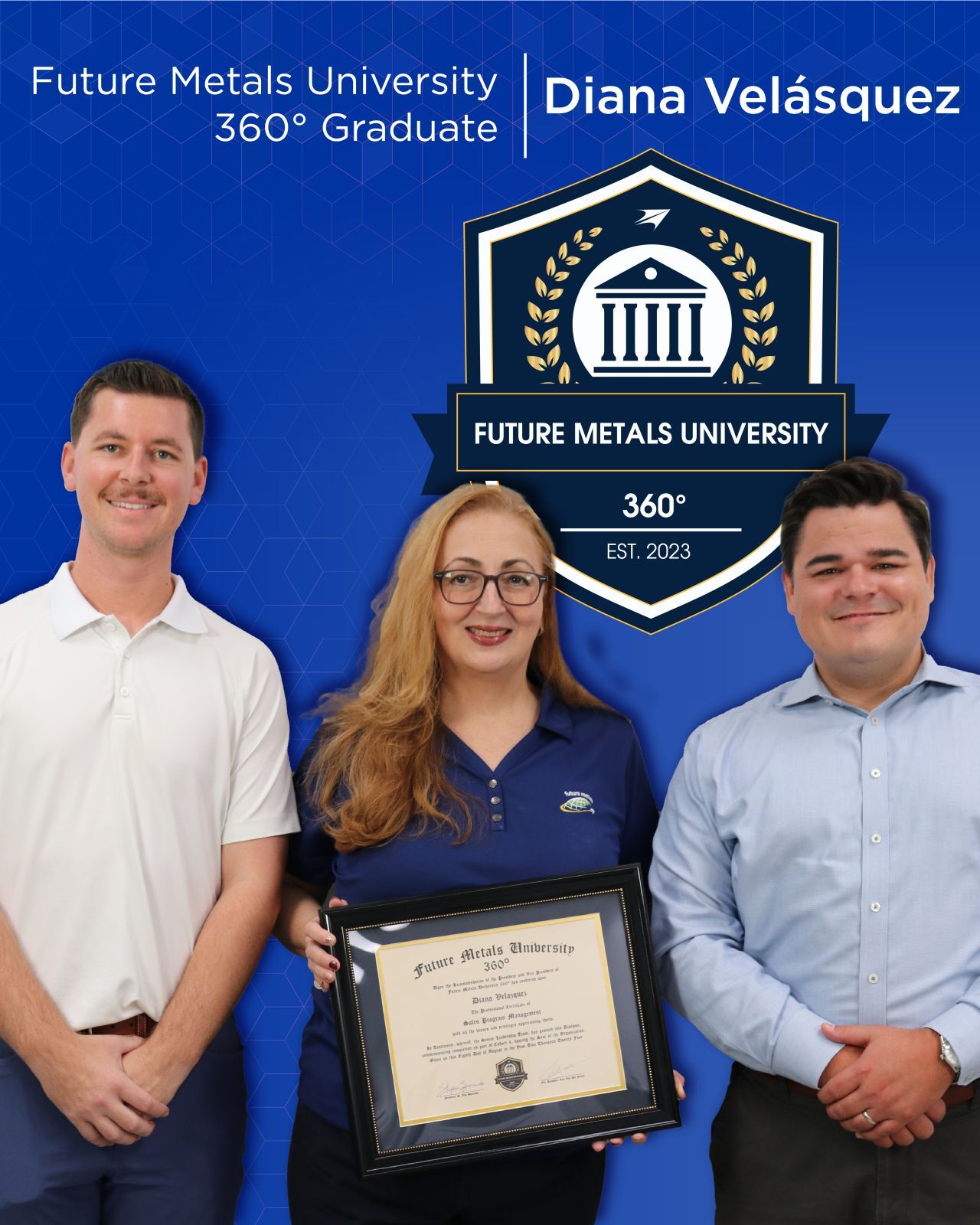 future metals Three people with aerospace-grade 7075-T6 aluminum certificate in front of Future Metals backdrop, highlighting supply chain excellence.