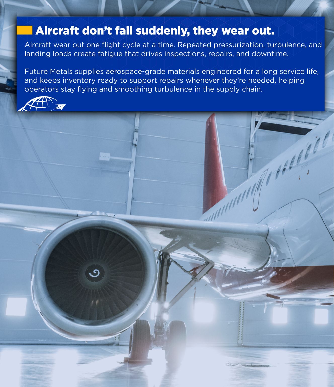 future metals Aircraft grade 7075-T6 aluminum alloy engine in hangar; Future Metals ensures compliant supply chain and durable aviation materials.